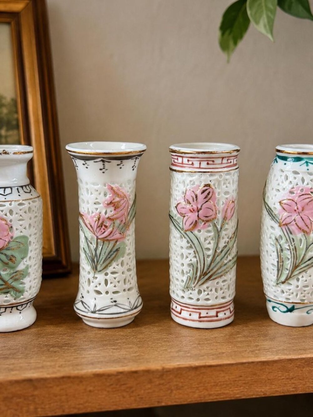 Vintage Miniature Porcelain Vases Set of 4 | Chinoiserie Floral Bud Vases